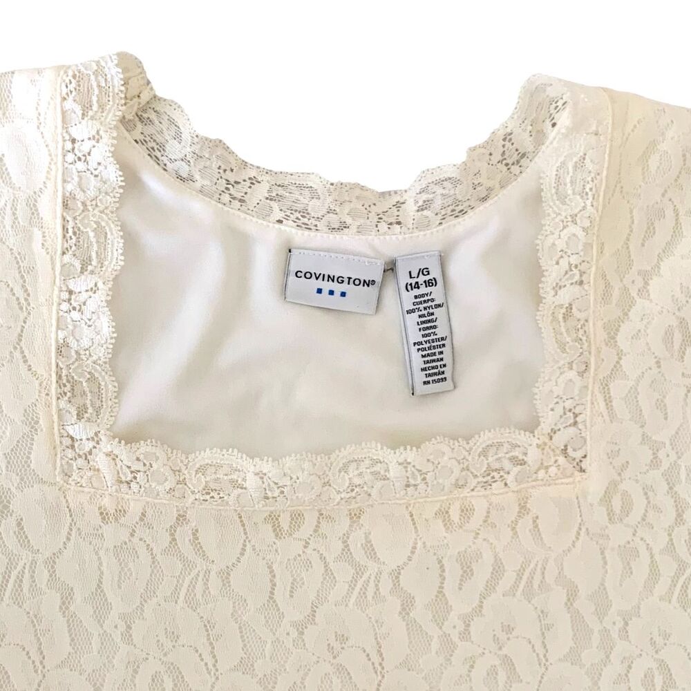 Covington Cream Lace Top Women's Size L Lined Short Sleeve Square Neck Floral - Picture 2 of 6